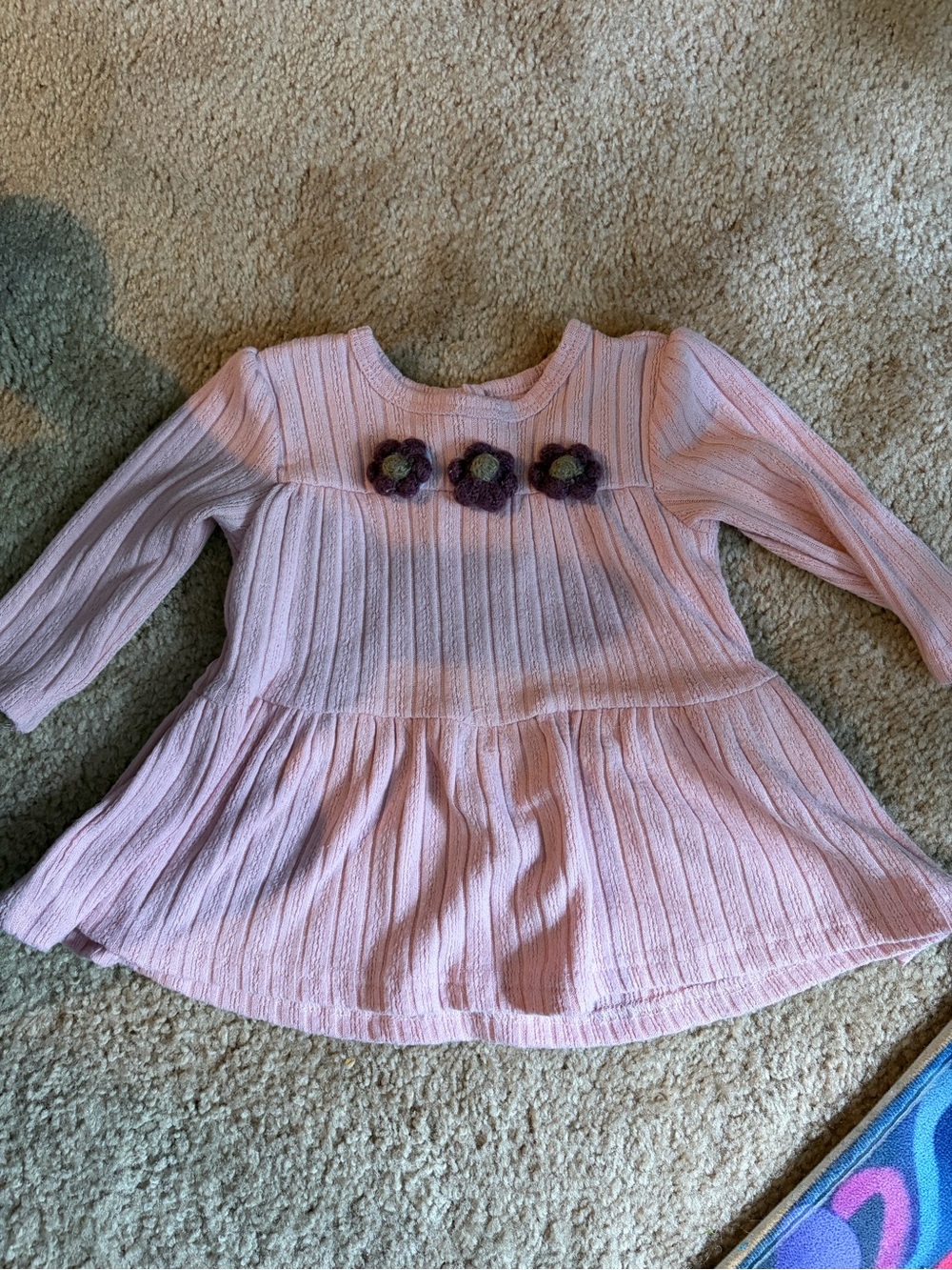French Connection Pink Long-Sleeve Knit Dress with Purple Flower Appliqués